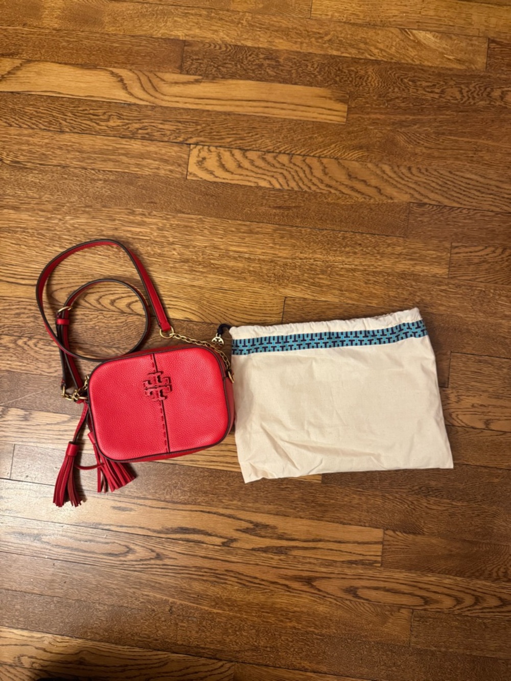 Tory Burch Red Pebbled Leather Crossbody Camera Bag with Tassel